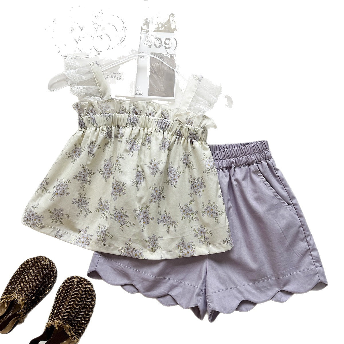 Summer Girls' Set New Lace Floral StrapShorts Two-Piece Outfit Vacation Style