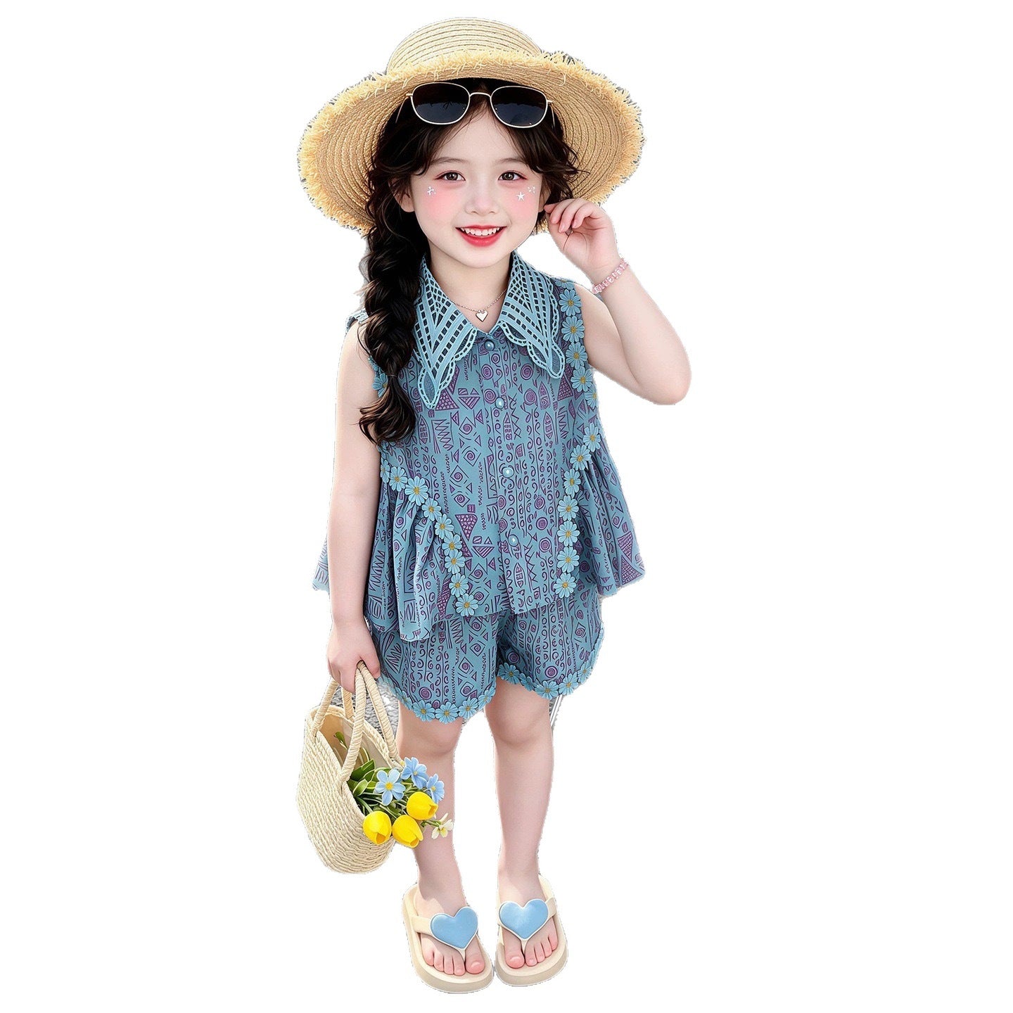 Summer Girls' Set Printed Tank Top with Ruffled Shorts Two-Piece Outfit for Kids