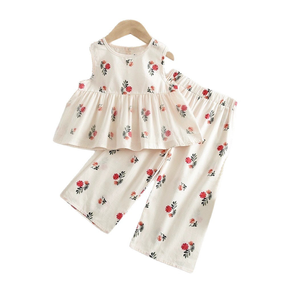 Summer Girls' Outfit Floral Sleeveless Top Wide-Leg Pants Sweet Two-Piece Set for Little Girls