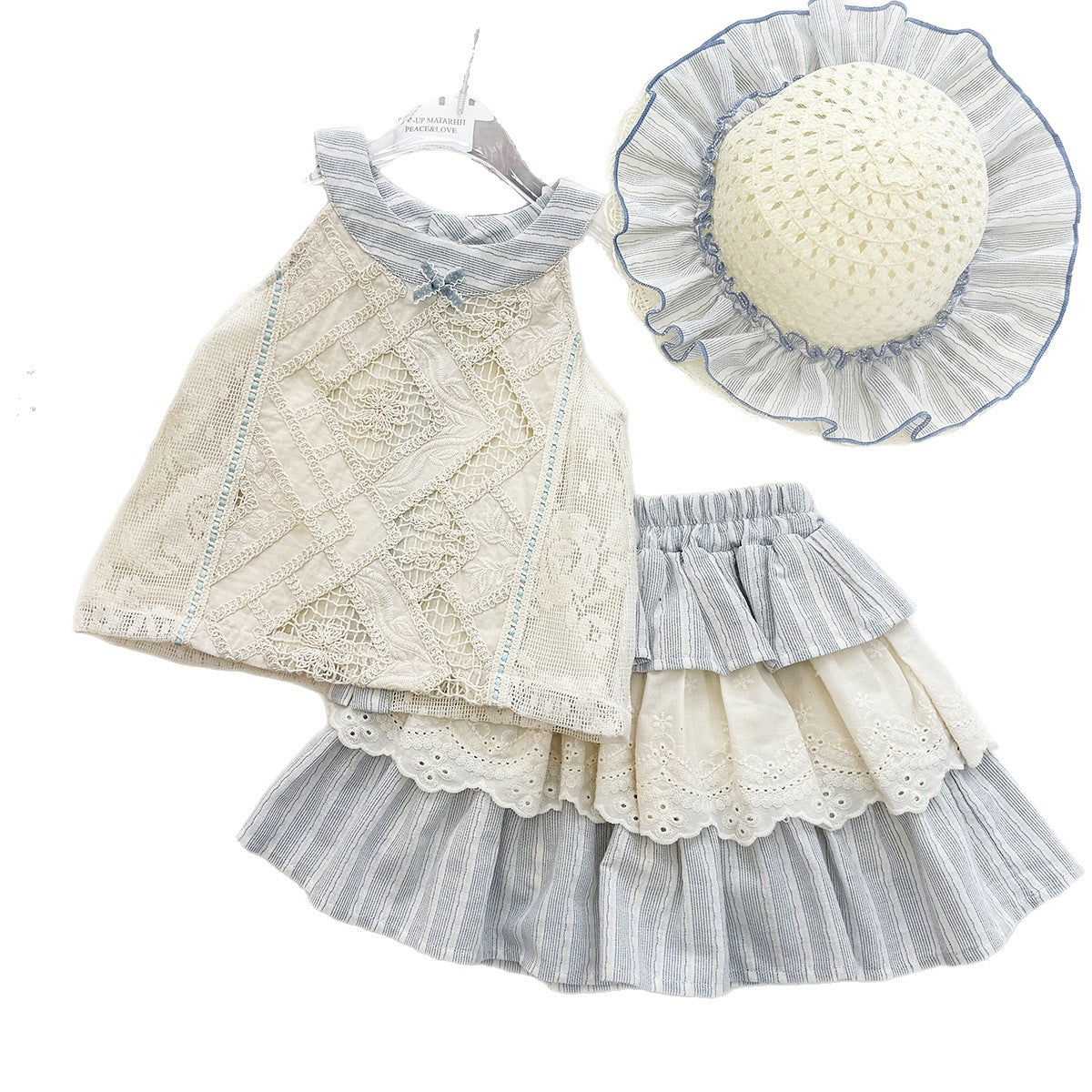 Summer Girls' Set New Lace Crop Top Cake Skirt Princess Two-Piece Outfit Foreign Lace Crop Top Cake Skirt Princess Two-Piece Set for Girls