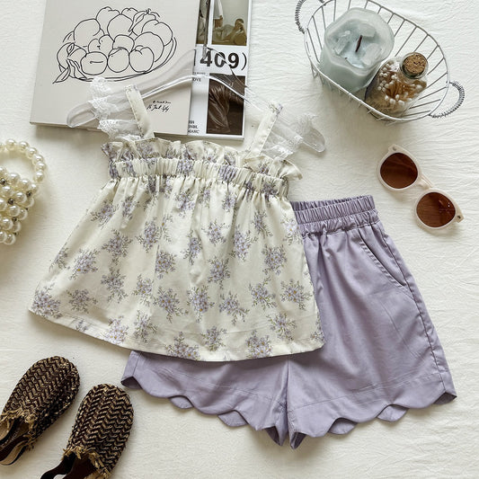 Summer Girls' Set New Lace Floral StrapShorts Two-Piece Outfit Vacation Style