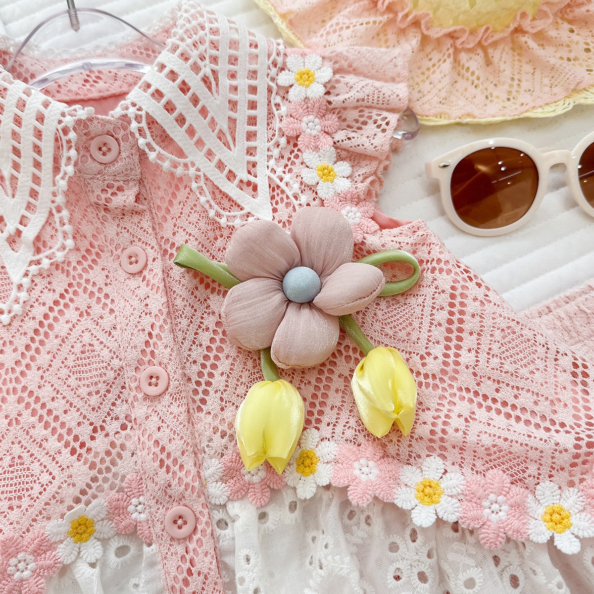 Fashionable Lace Flower Flutter Sleeve  Ruffle Shorts Princess Two-Piece Set for Girls Summer Outfit