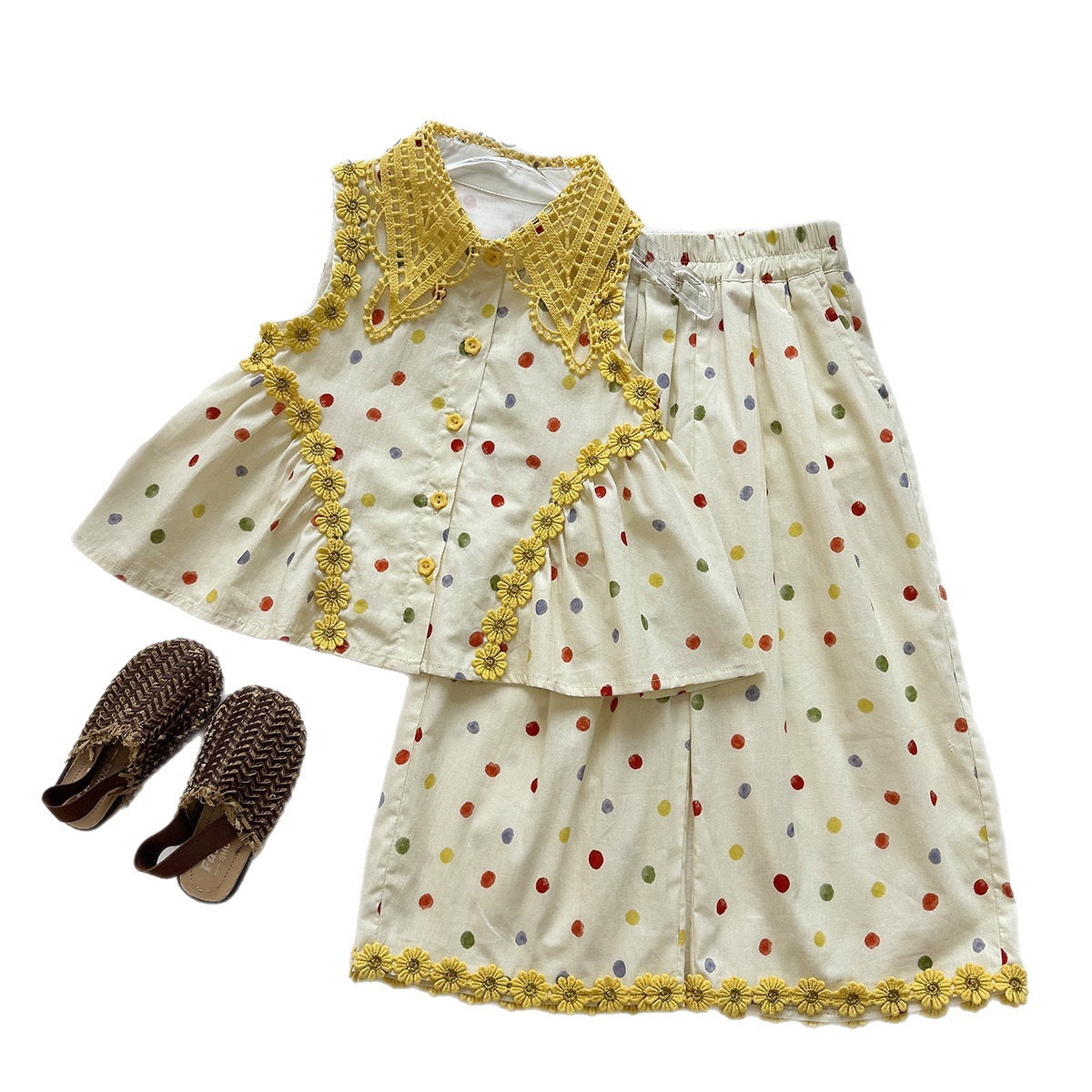 Summer Girls' Set Colorful Polka Dot Sleeveless Top Ruffled Wide-Leg Pants Stylish Two-Piece Outfit