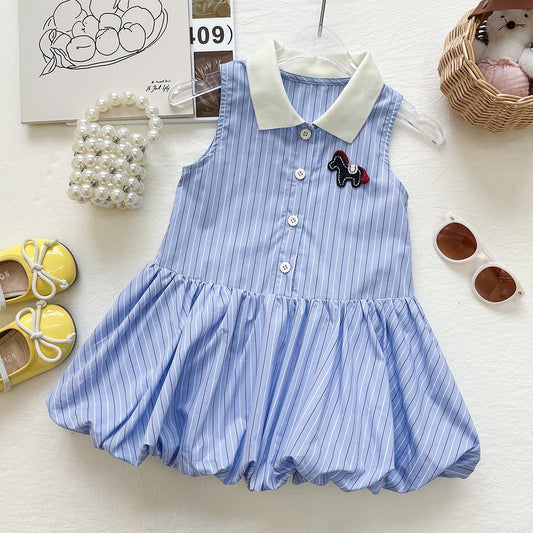 Stylish Striped Sleeveless Polo Dress for Girls, Casual Summer Outfit with Embroidery Detailing