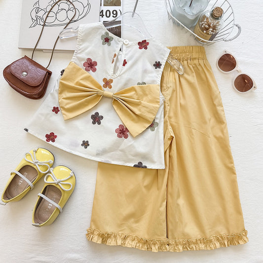 Summer Girl's Outfit Set Sleeveless Floral Top Loose Wide-Leg Pants Vacation Style Two-Piece Set