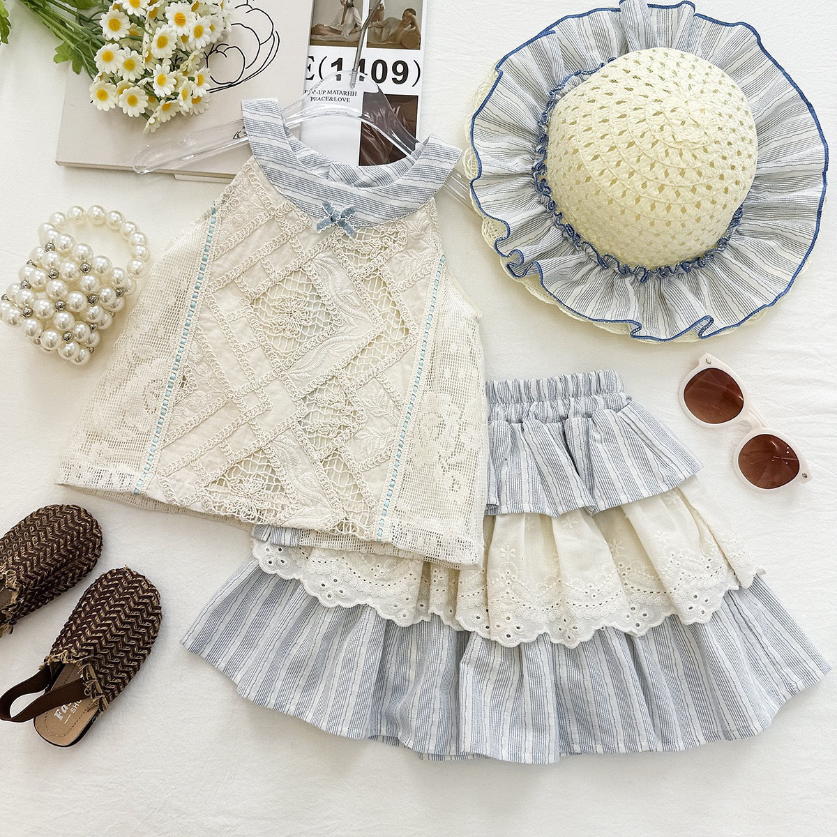 Summer Girls' Set New Lace Crop Top Cake Skirt Princess Two-Piece Outfit Foreign Lace Crop Top Cake Skirt Princess Two-Piece Set for Girls