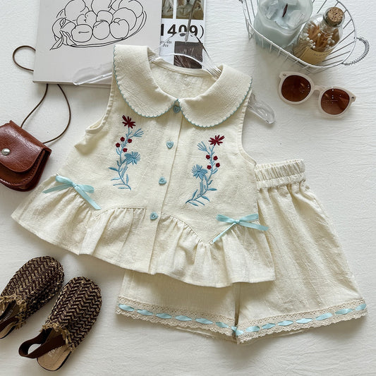 Summer Girls' Outfit Set Sweet Bow Embroidery Sleeveless Top and Shorts Two-Piece Set Foreign Trade