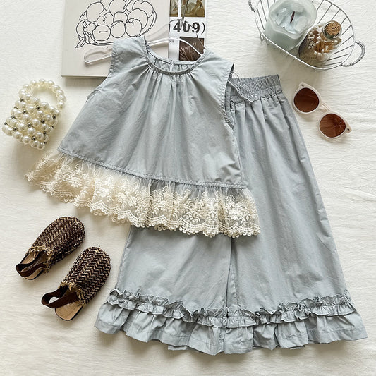 Summer Girls' Set New Sleeveless Lace Trim Top with Ruffle Wide-Leg Pants Casual Two-Piece Set