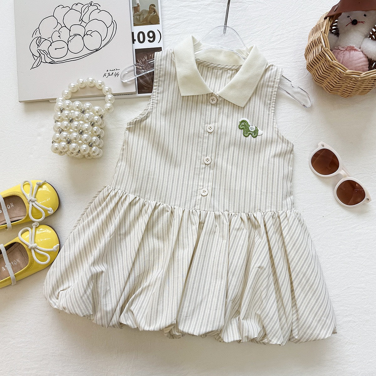 Stylish Striped Sleeveless Polo Dress for Girls, Casual Summer Outfit with Embroidery Detailing