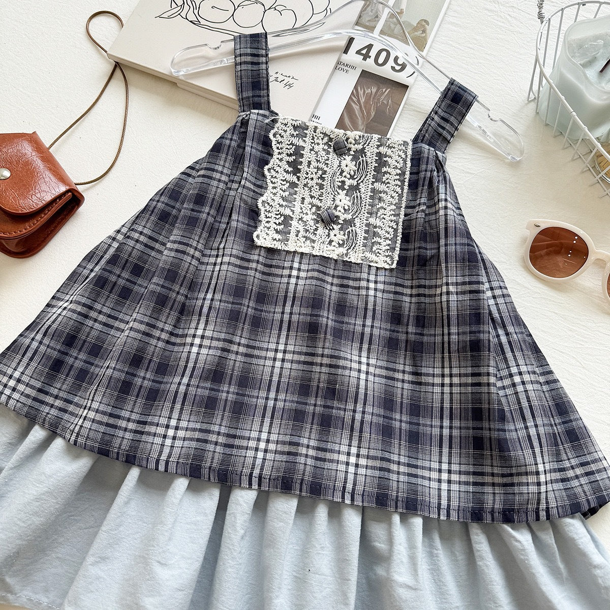 Summer Girl's Dress Checkered Strap Dress Casual Vintage Chic Children's Dress
