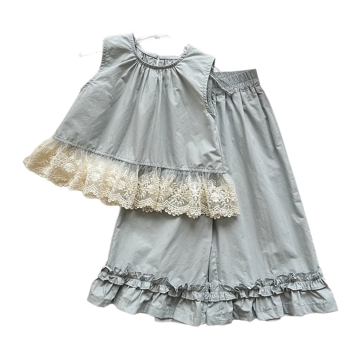 Summer Girls' Set New Sleeveless Lace Trim Top with Ruffle Wide-Leg Pants Casual Two-Piece Set