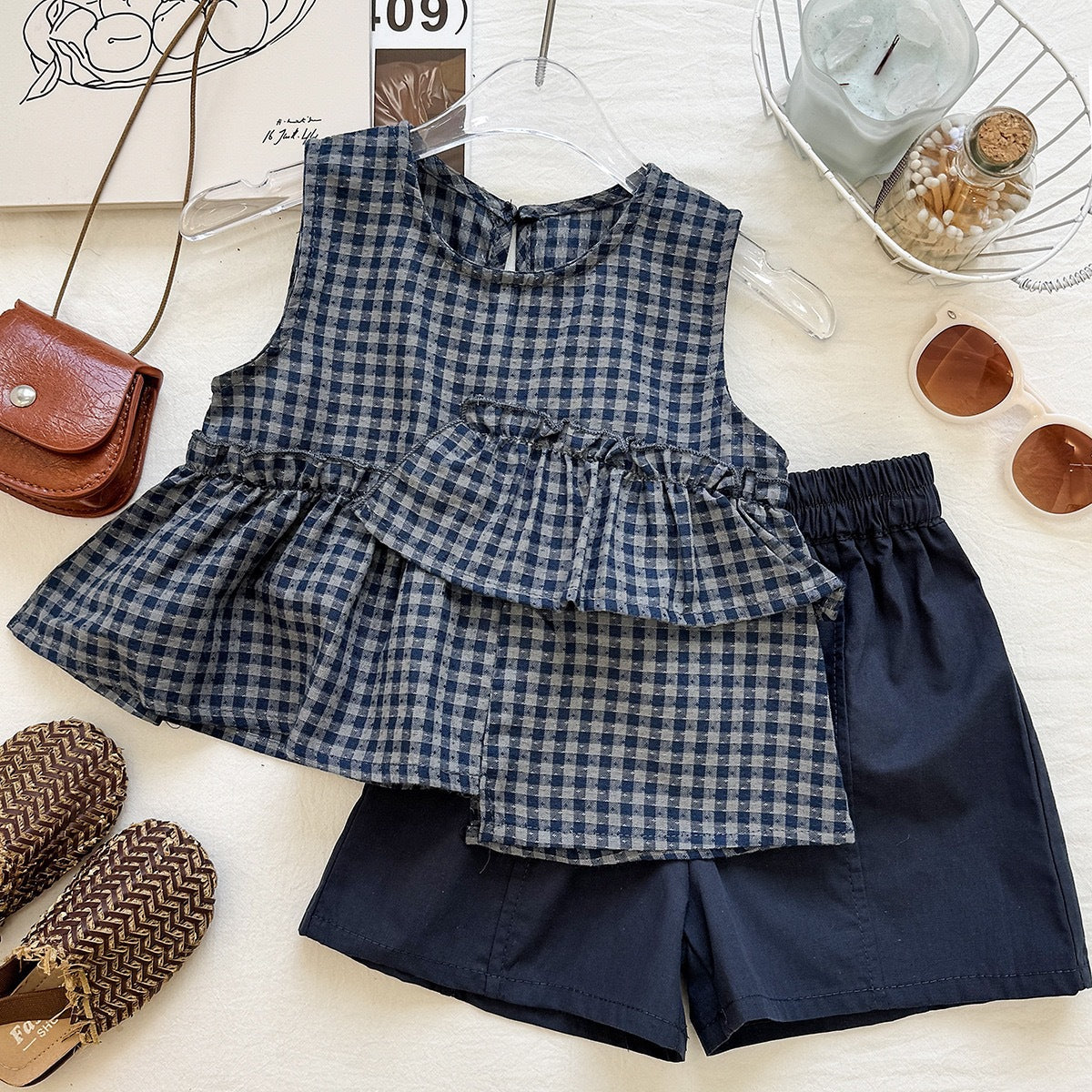 Summer Girls' Plaid Sleeveless Vest and Shorts Casual Sporty Two-Piece Set Fashion Foreign Trade