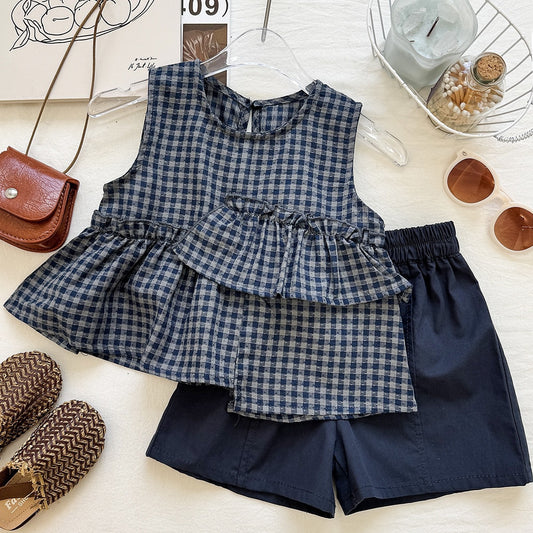 Summer Girls' Plaid Sleeveless Vest and Shorts Casual Sporty Two-Piece Set Fashion Foreign Trade