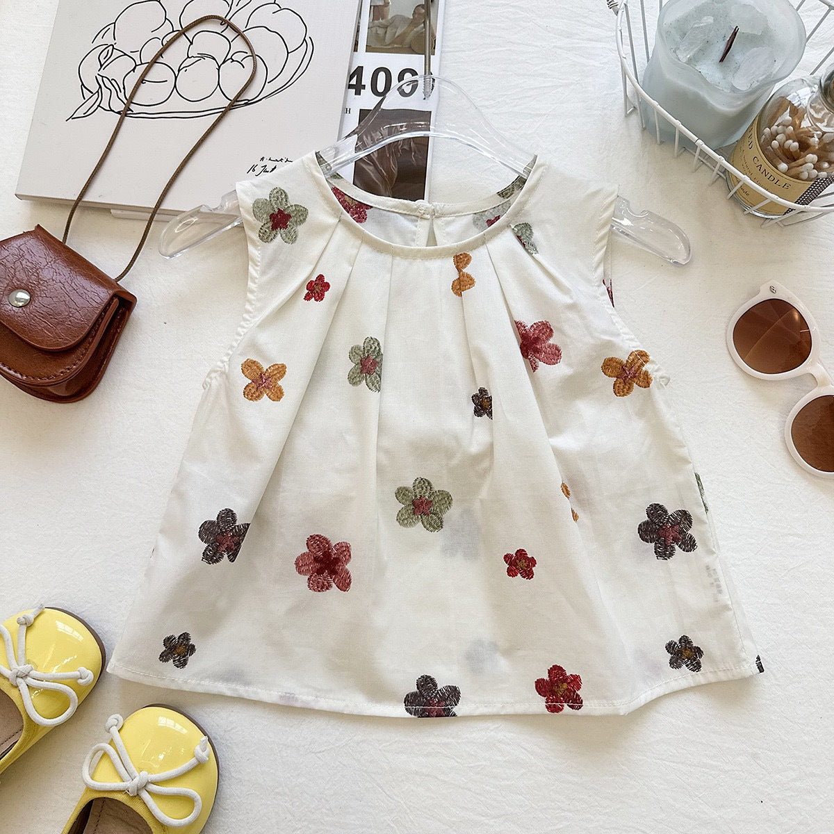 Summer Girl's Outfit Set Sleeveless Floral Top Loose Wide-Leg Pants Vacation Style Two-Piece Set