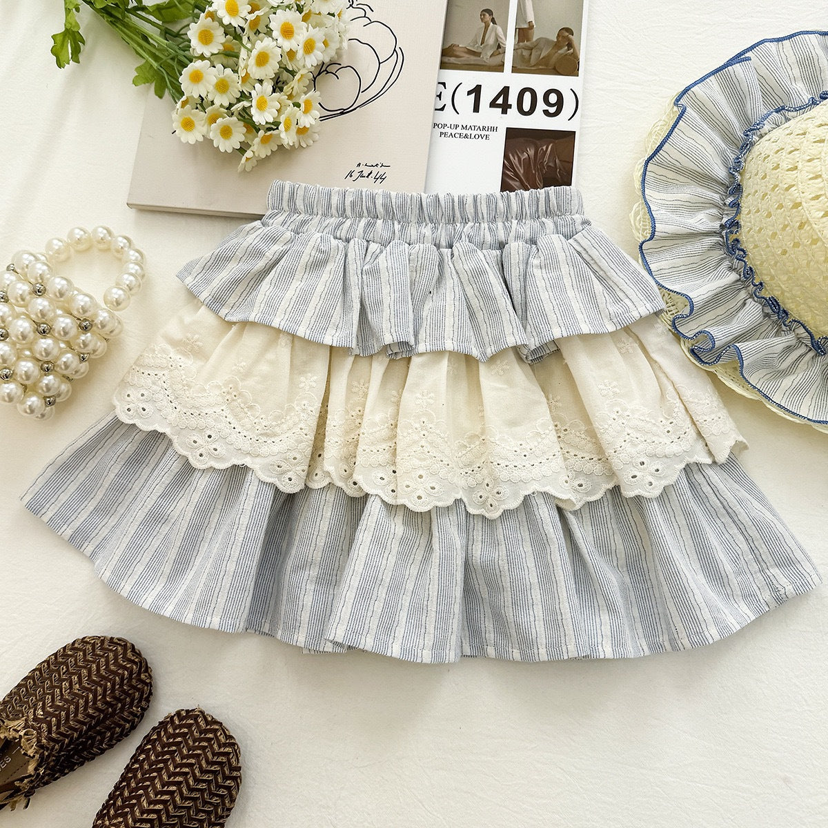 Summer Girls' Set New Lace Crop Top Cake Skirt Princess Two-Piece Outfit Foreign Lace Crop Top Cake Skirt Princess Two-Piece Set for Girls