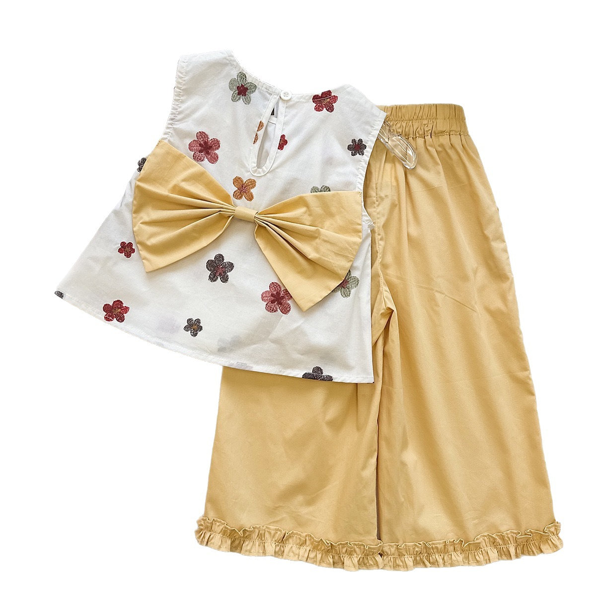Summer Girl's Outfit Set Sleeveless Floral Top Loose Wide-Leg Pants Vacation Style Two-Piece Set