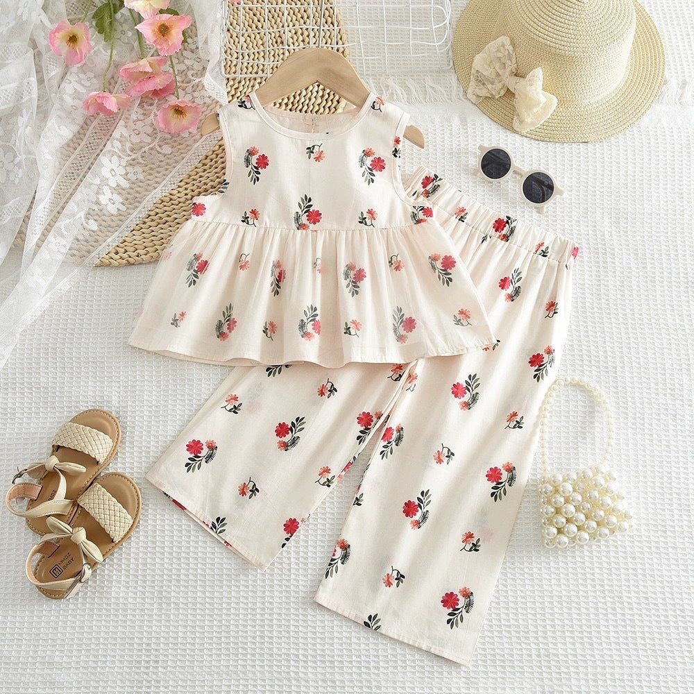 Summer Girls' Outfit Floral Sleeveless Top Wide-Leg Pants Sweet Two-Piece Set for Little Girls