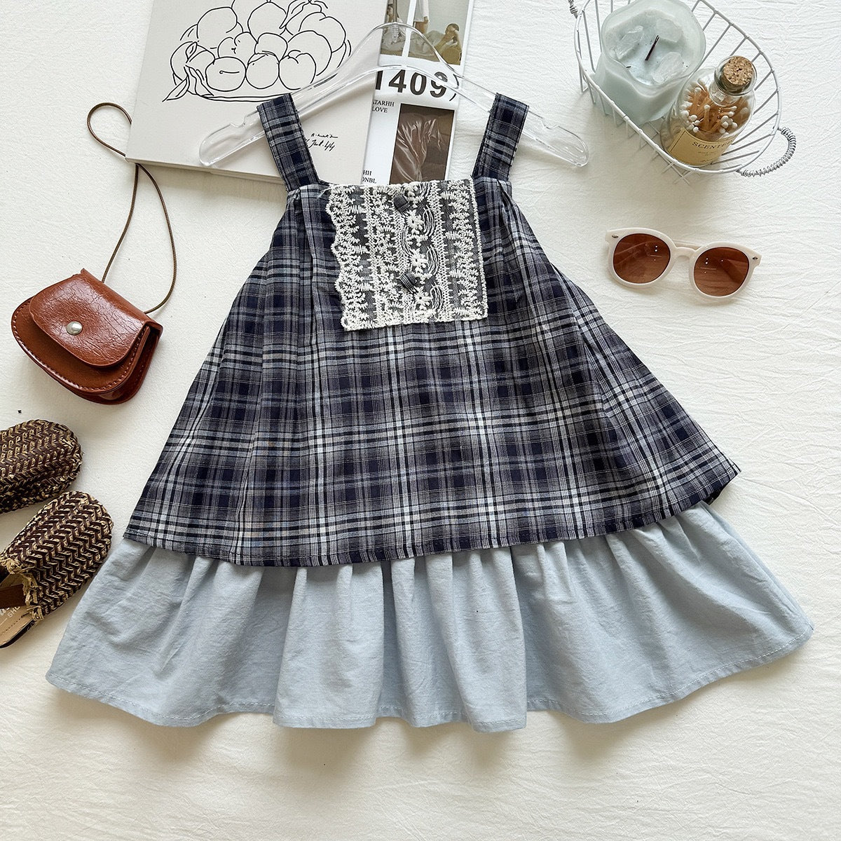Summer Girl's Dress Checkered Strap Dress Casual Vintage Chic Children's Dress