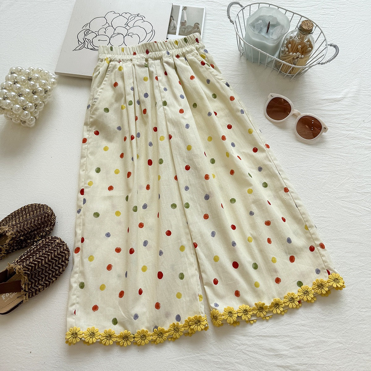 Summer Girls' Set Colorful Polka Dot Sleeveless Top Ruffled Wide-Leg Pants Stylish Two-Piece Outfit