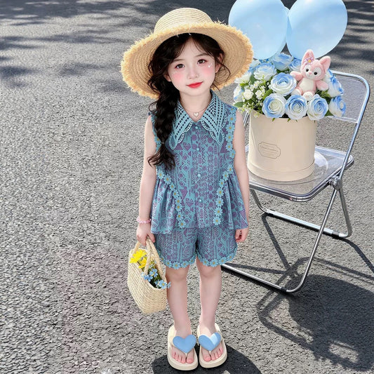 Summer Girls' Set Printed Tank Top with Ruffled Shorts Two-Piece Outfit for Kids